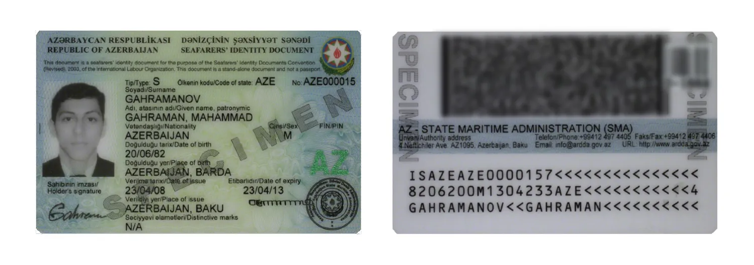 Front and back of Azerbaijan’s Seafarers’ Identity Document